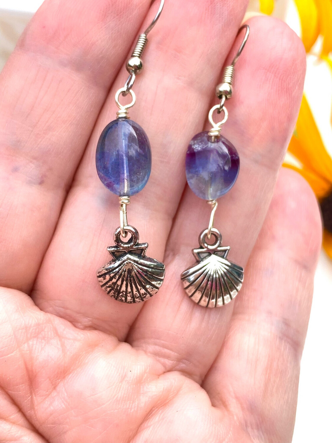 Fluorite Gemstone and Shell Dangle Earrings