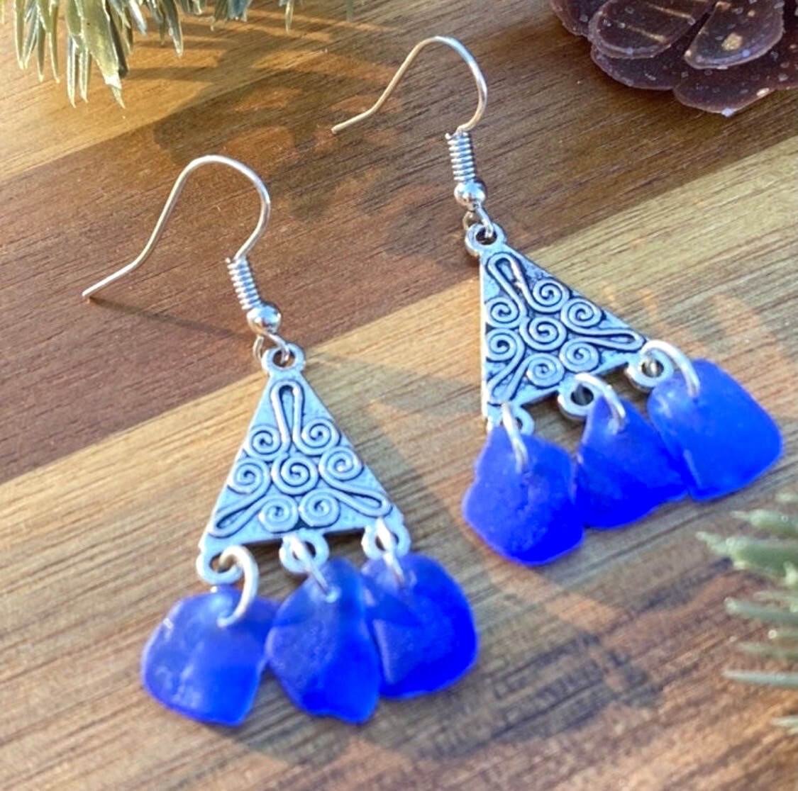 Genuine Handmade Blue Sea Glass Tribal Earrings Gift For Her