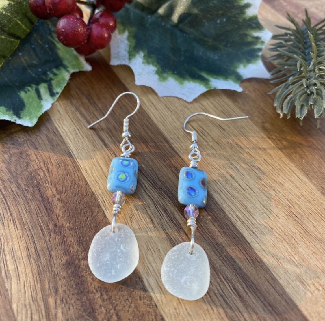 Handmade Genuine Seaham Beach Aqua Sea Glass Earrings