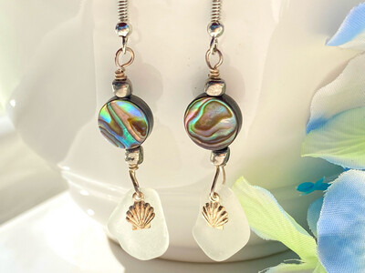 Handmade Sea Glass and Abalone Dangle Earrings