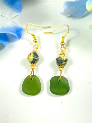 Handmade Green Sea Glass and Turquoise Earrings