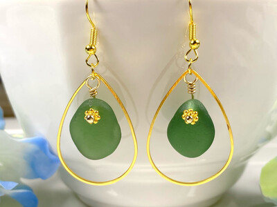 Handmade Emerald Green Sea Glass Gold Teardrop Hoop Earrings