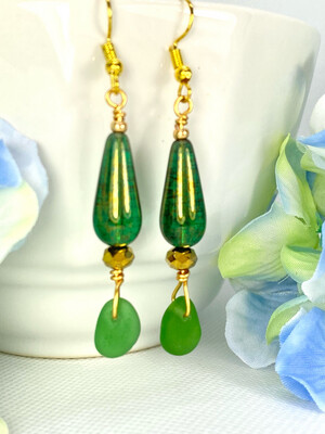 Handmade Emerald Green Beach Sea Glass Dangle Earrings Gift For Her