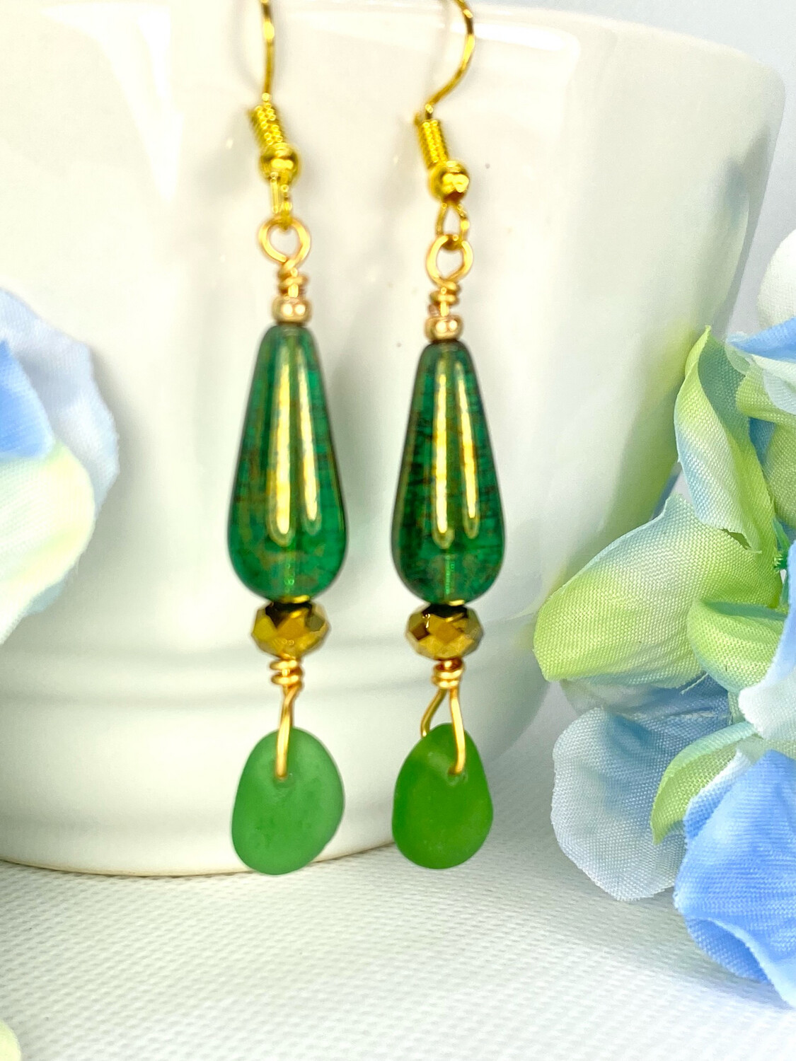Handmade Emerald Green Beach Sea Glass Dangle Earrings Gift For Her