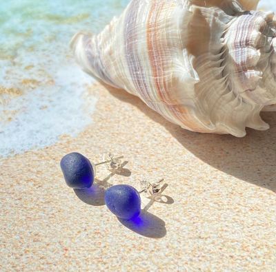 Genuine Cobalt Blue Sea Glass Stud Earrings