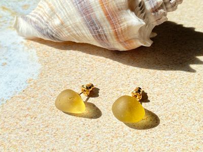 Genuine Honey Yellow Sea Glass Stud Earrings