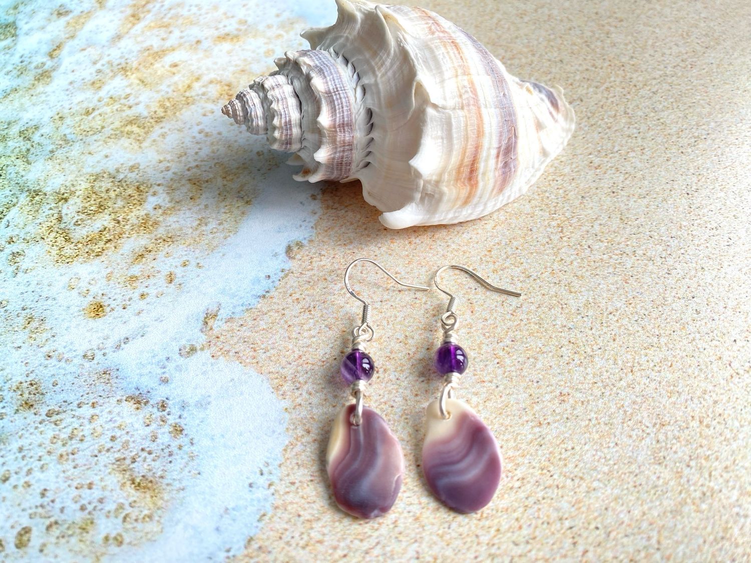 Handmade Amethyst Gemstone and Wampum Shell Earrings Gift For Her, Natural Purple Shell and Sterling Silver Earrings, Amethyst Beach Earrings