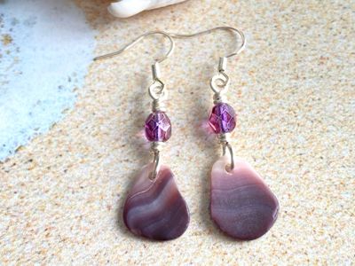 Genuine Purple Wampum Shell Earrings Gift For Her, Wampum Shell and Czech Bead Dangle Earrings, Handmade Purple Shell Drop Earrings