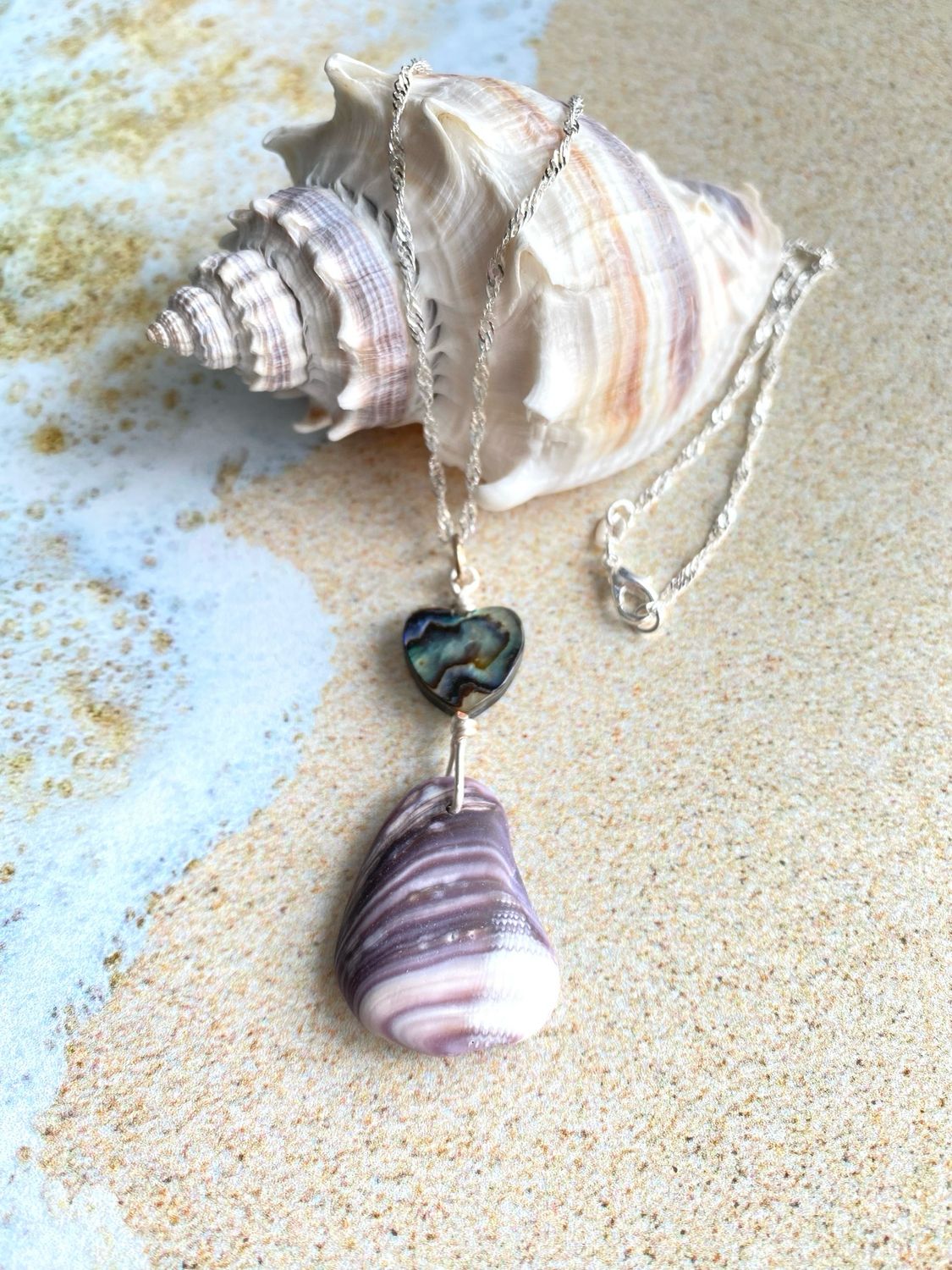 Genuine Purple Wampum Shell Necklace Gift For Her, Wampum Shell and Abalone Heart Necklace, Handmade Purple Shell and Abalone Pendant