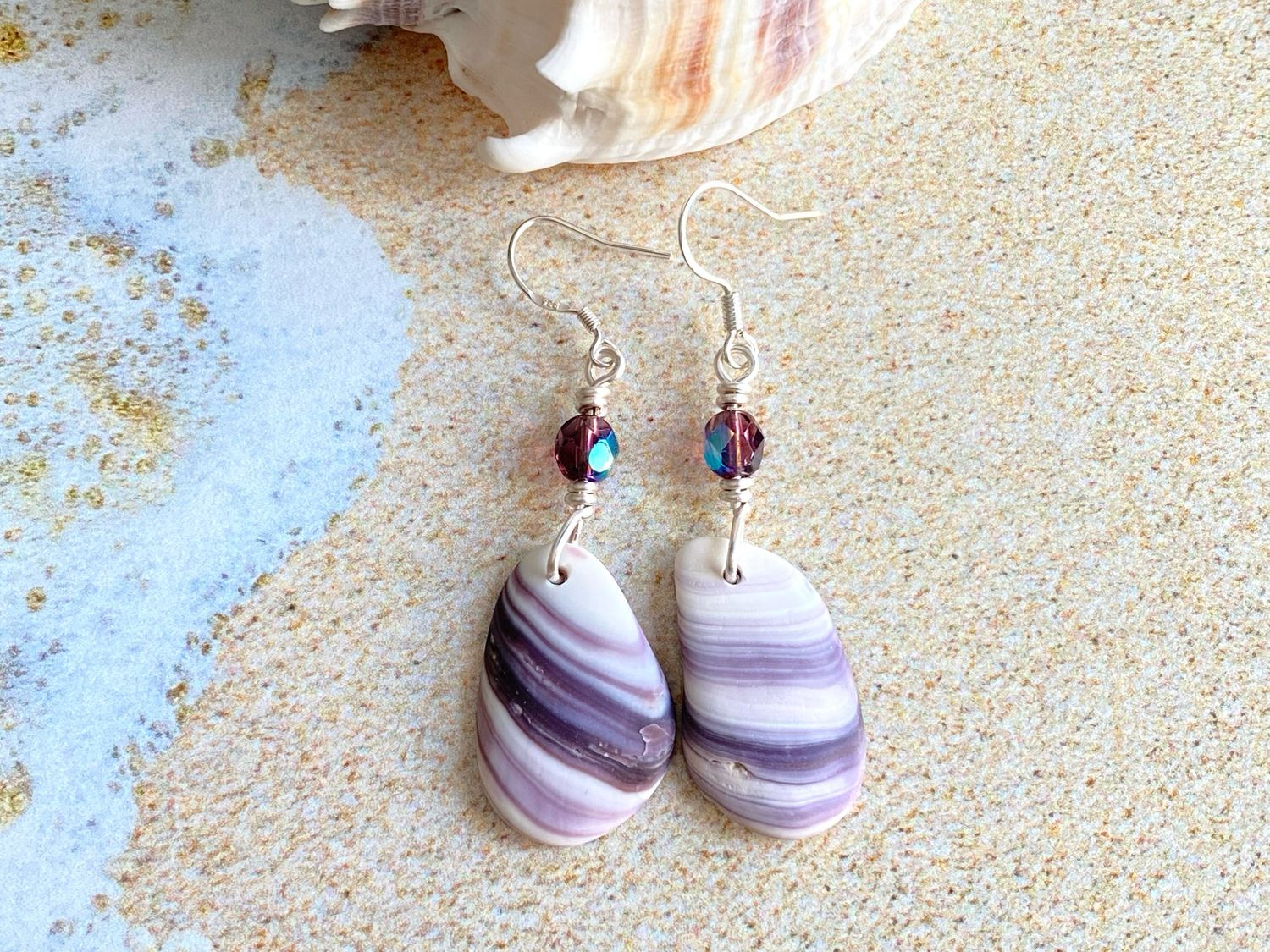 Handmade Wampum Shell and Sterling Silver Earrings Gift For Her, Natural Purple Shell and Czech Glass Earrings, Purple Shell Beach Earrings