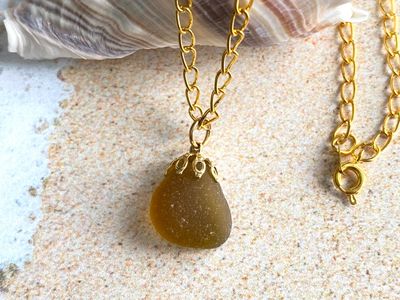 Beautiful Handmade Seaham Beach Honey Sea Glass Necklace Gift For Her, Stunning English Sea Glass Necklace, Sea Glass and Gold Pendant