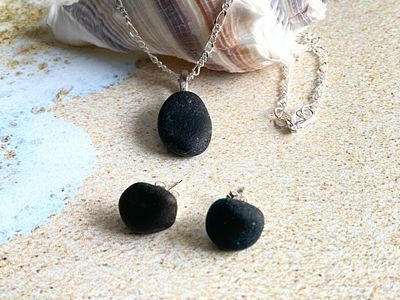 Genuine Black Sea Glass Necklace Set, Black Pirate Sea Glass Post Earrings and Necklace, Beach Glass Gift, Handmade Sea Glass Jewelry Gift