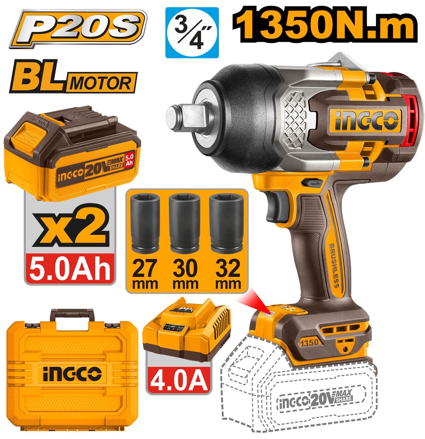 CIWLI20135 Impact Wrench Li-ion Brushless Motor 1350N.m