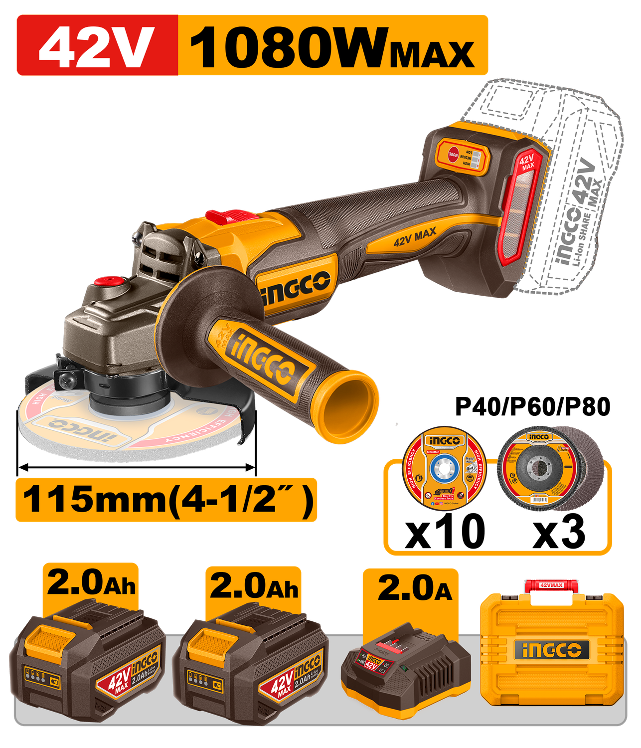 42V MAX Cordless Angle Grinder  Brushless 1080W - CAGLI4108112