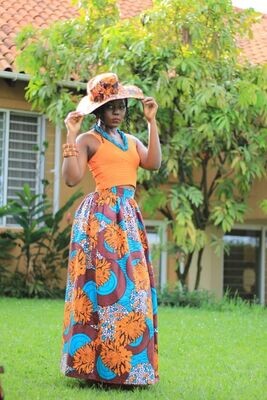 Earrings, Necklace, Bracelets, Bright Orange Woman&#39;s Vest, Skirt and Kitenge Round Hat