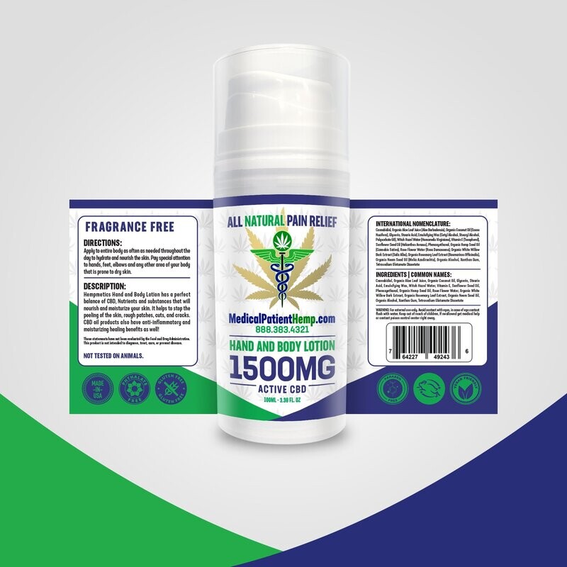 HAND AND BODY LOTION 1500MG- ALL NATURAL PAIN RELIEF- ACTIVE CBD