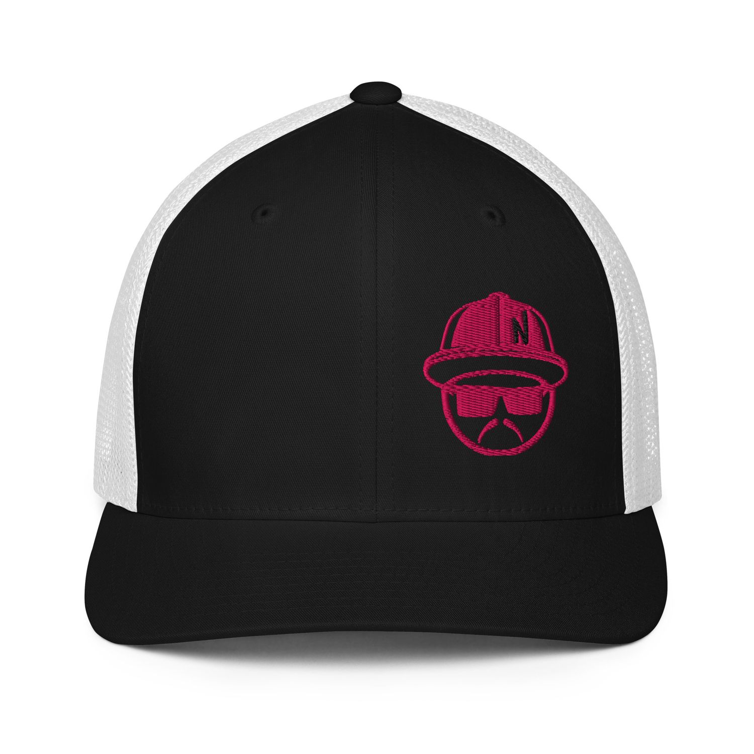 Lowguy Fitted Trucker Hat Flamingo Pink Embroidery -5 Hat Color Options (Flexfit 6511)