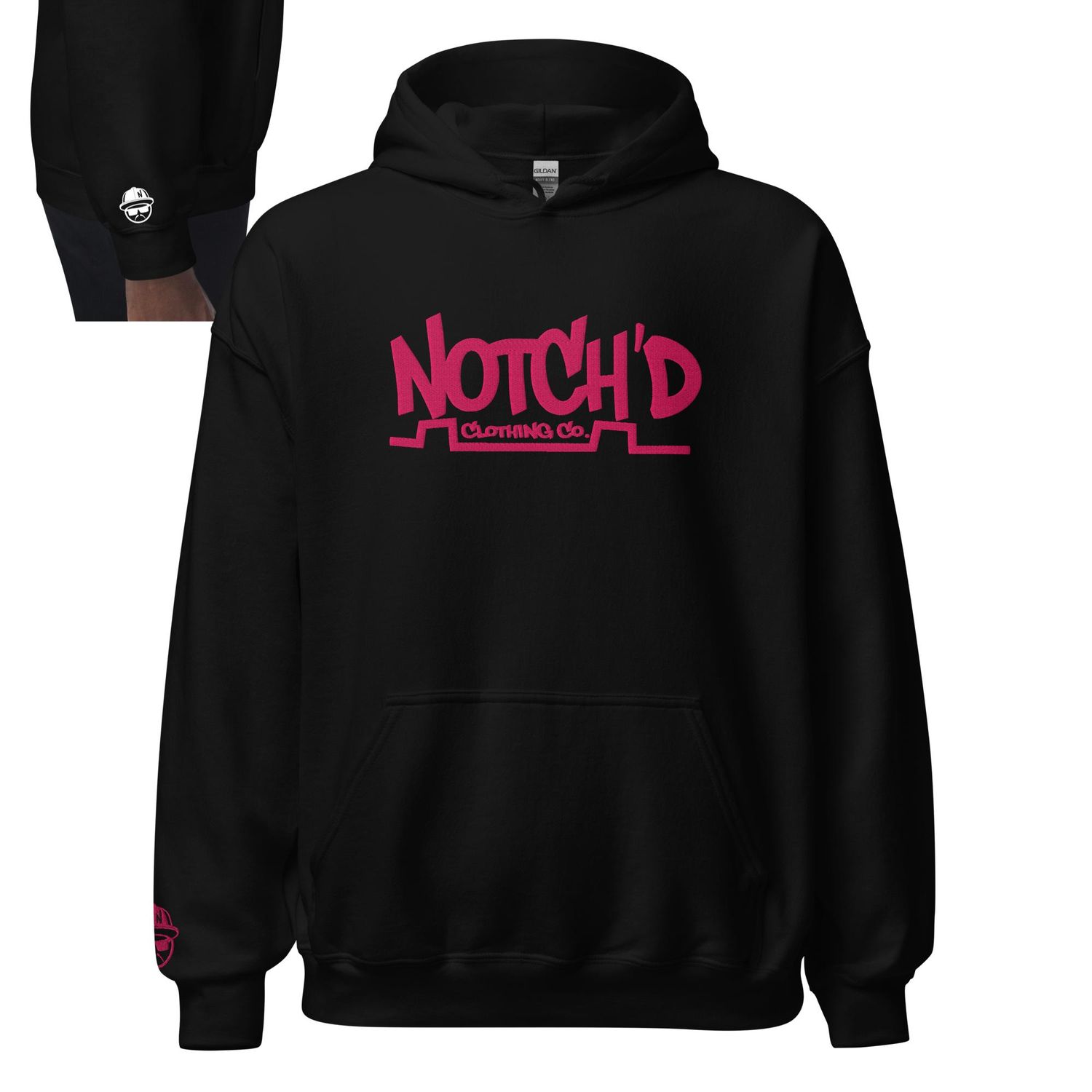 Big Logo Flamingo Pink Embroidery Hoodie -13 Hoodie Colors (Gildan 18500)