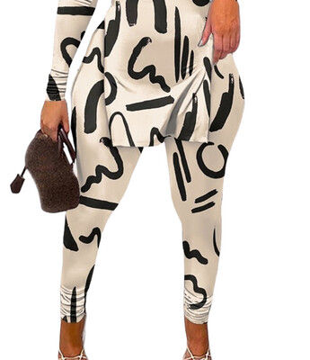 Abstact Print Split Hem Long Sleeve Top &amp; Pants Set