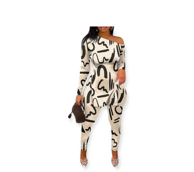 Abstact Print Split Hem Long Sleeve Top &amp; Pants Set