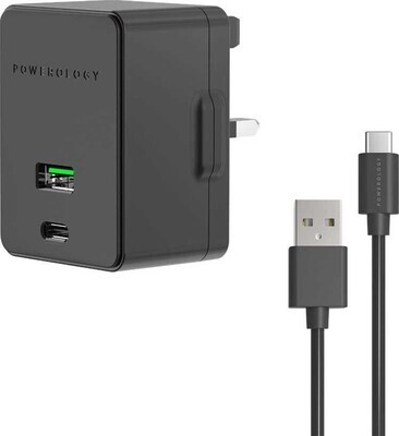 Powerology Ultra-Quick 20W PD & QC Charger Dual Ports 36W Simultaneous Fast Charging. Includes 1.2m/4ft USB-A to Type-C Cable