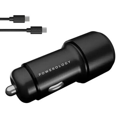 Powerology Aluminum Ultra-Quick 43W Car Charger 25W PD + QC3.0 with USB-C to USB-C Cable (0.9m/3ft)