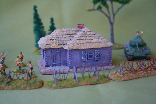 L-shaped square log house, thatched roof