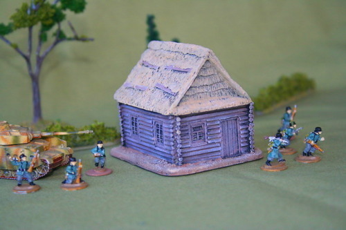 Log cabin with high peaked thatched roof