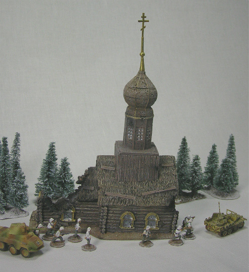 Battle-damaged Russian church, log construction