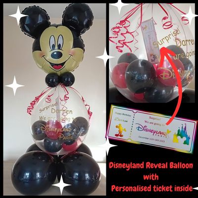 Disneyland trip reveal balloon with personalised ticket