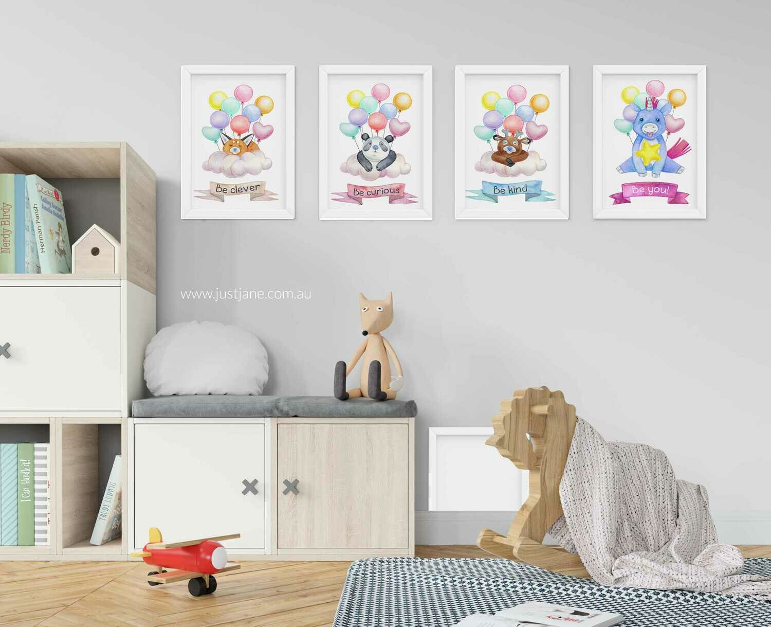 Cute Animals Nursery/Playroom Prints - Be Clever, Be Curious, Be Kind, Be You - Printables