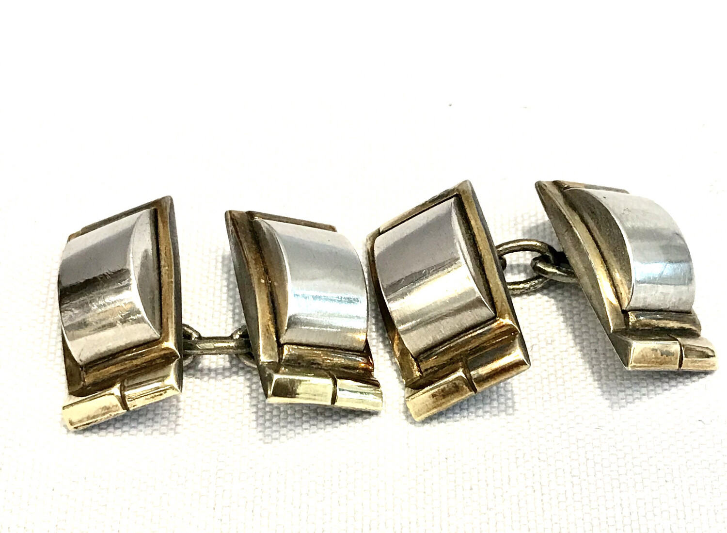 Paar Manschettenknöpfe Art Deco Silber 835 und Gold Deutschland geometrisches Design Künstler Signatur Goldschmied RJ Kubismus Bauhaus 