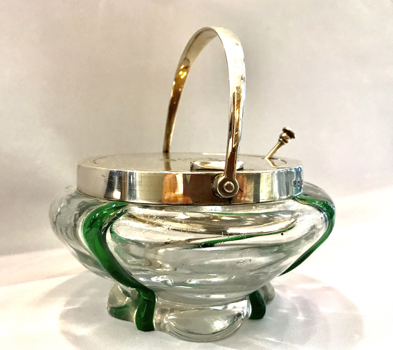 Schale Zuckerdose Konfitüre 925 Silber England 1900 Heath&amp; Middleton `Powells´ Glas Patent Öffnung Adel Krone königlich, English jam or sugar Jar with silver lid and handle arts &amp; crafts