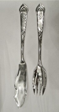 German 12 signed solid silver fish knives and forks by designer artist famous silversmith Bruckmann, designer Carl Zeller