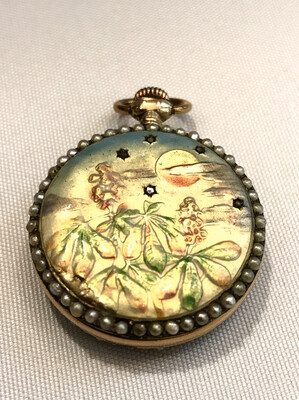 Zenith Damen Taschenuhr Jugendstil Silber vergoldet mit Email, Perlen, Diamantrosen um 1900 Schweiz Markenuhr, small art nouveau silver gilt enamel ladies pocket watch pearls signed Swiss make Zenith