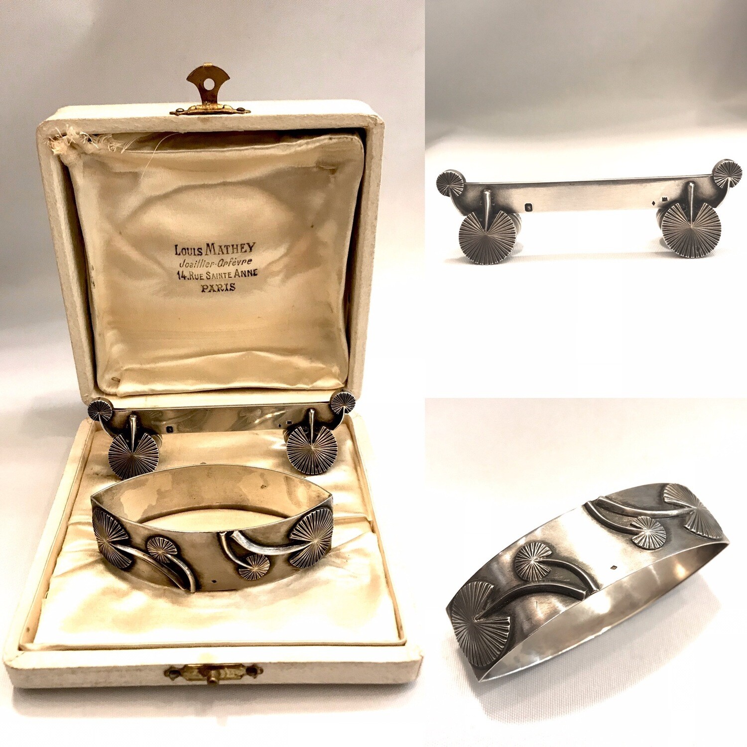 Jugendstil Serviettenring und Messerbank aus 950 Silber signiert Louis Mathey Paris im Original Etui um 1905 Frankreich