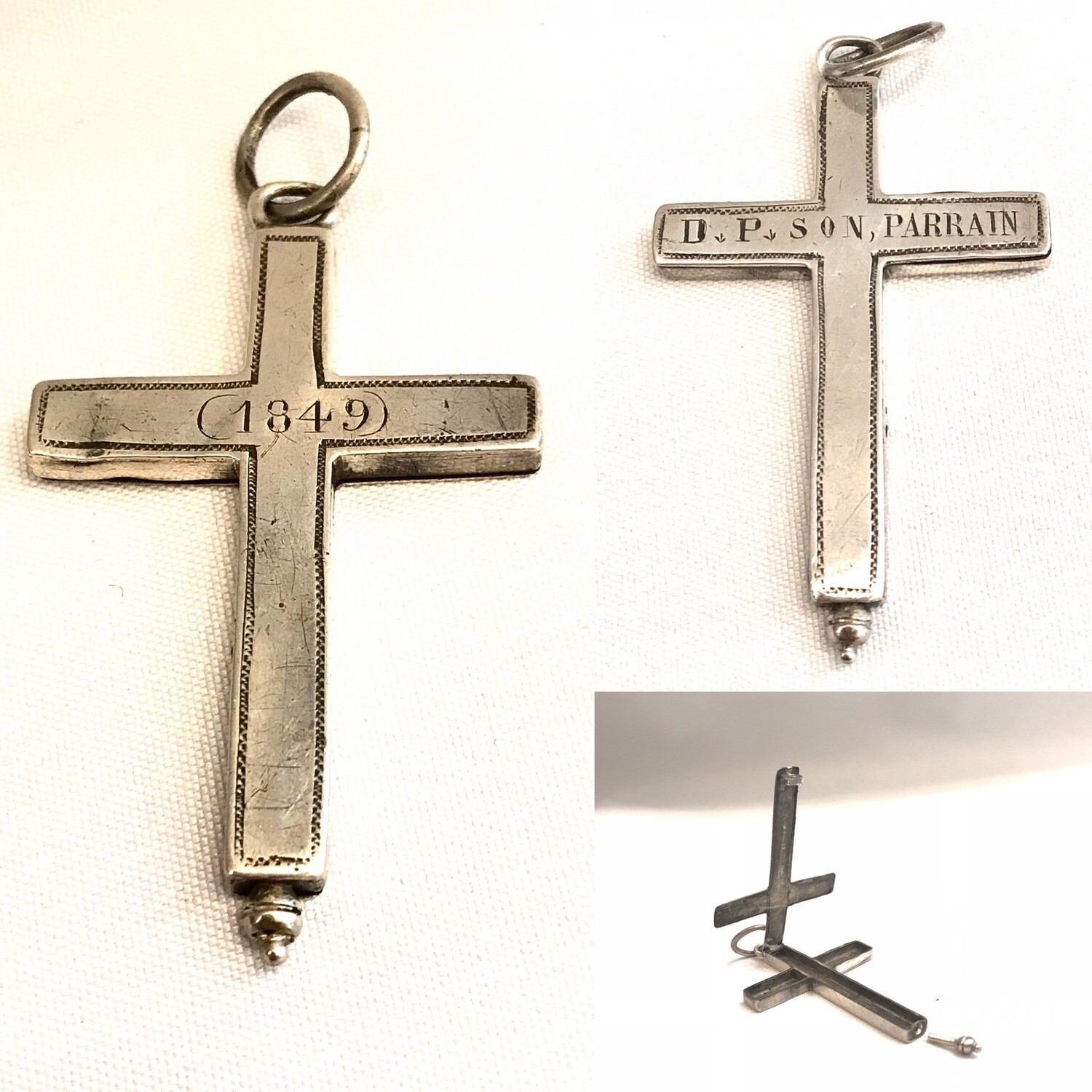 Silber Reliquien Kreuz Anhänger zum Öffnen 1849