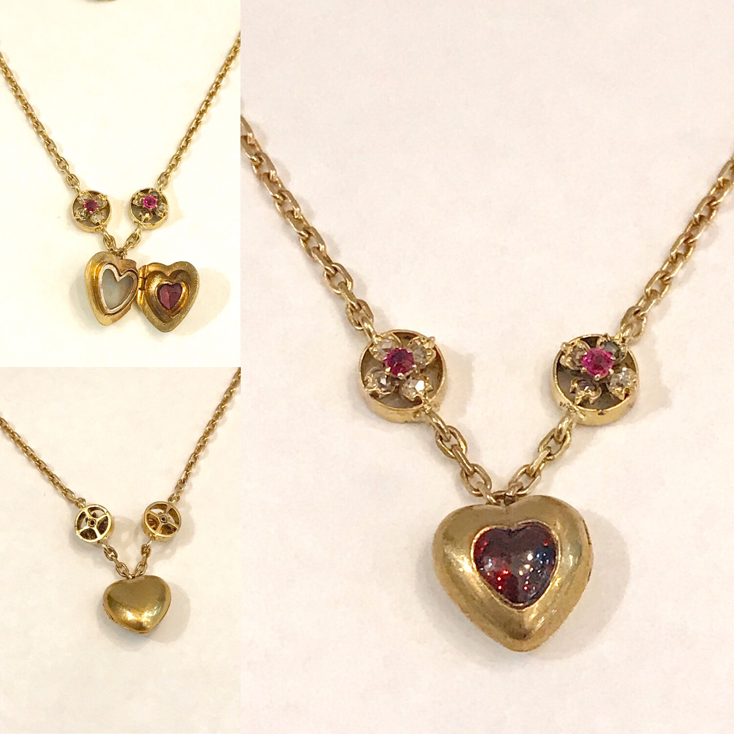 Gorgeous Collier necklace with miniature heart locket , medallion to open made from 750 gold set with garnet and diamonds made in France around 1890