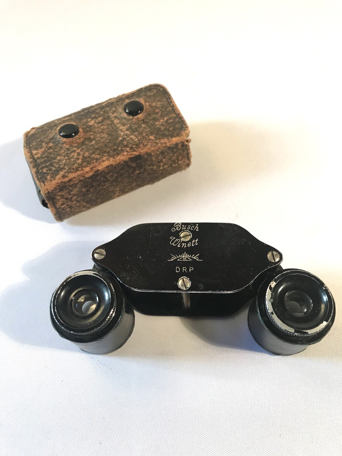Antikes ungewöhnliches faltbares Opernglas Fernglas schwarz lackiertes Metall von `Busch´Rathenow Winett DRP Deutschland um 1910 im original Leder Etui