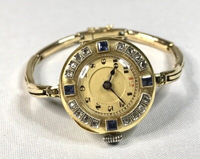 Original antike Damen Armbanduhr 750 Gold besetzt mit Diamanten Saphiren, 585 Gold Armband um 1915 mechanisches Uhrwerk
