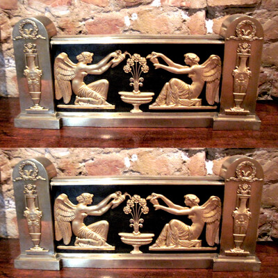 amazing pair of early 19th century ormoulu chimney decoration firedogs with pair of angels