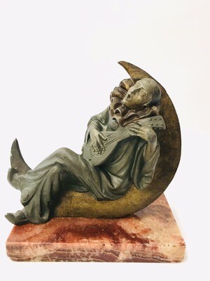 Skulptur Pierrot Buchstütze Marmorsockel Art Deco Frankreich um 1930 , book end sculptur on marble base