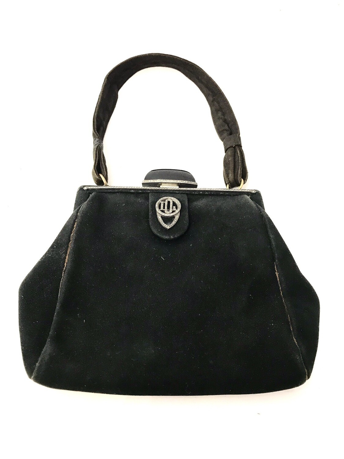 Art Deco schwarzes Wildleder Damen Handtasche mit Silber Markasiten und Onyx Frankreich um 1925