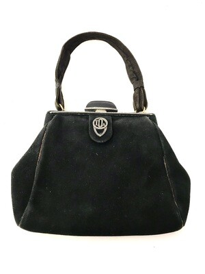 Art Deco schwarzes Wildleder Damen Handtasche mit Silber Markasiten und Onyx Frankreich um 1925