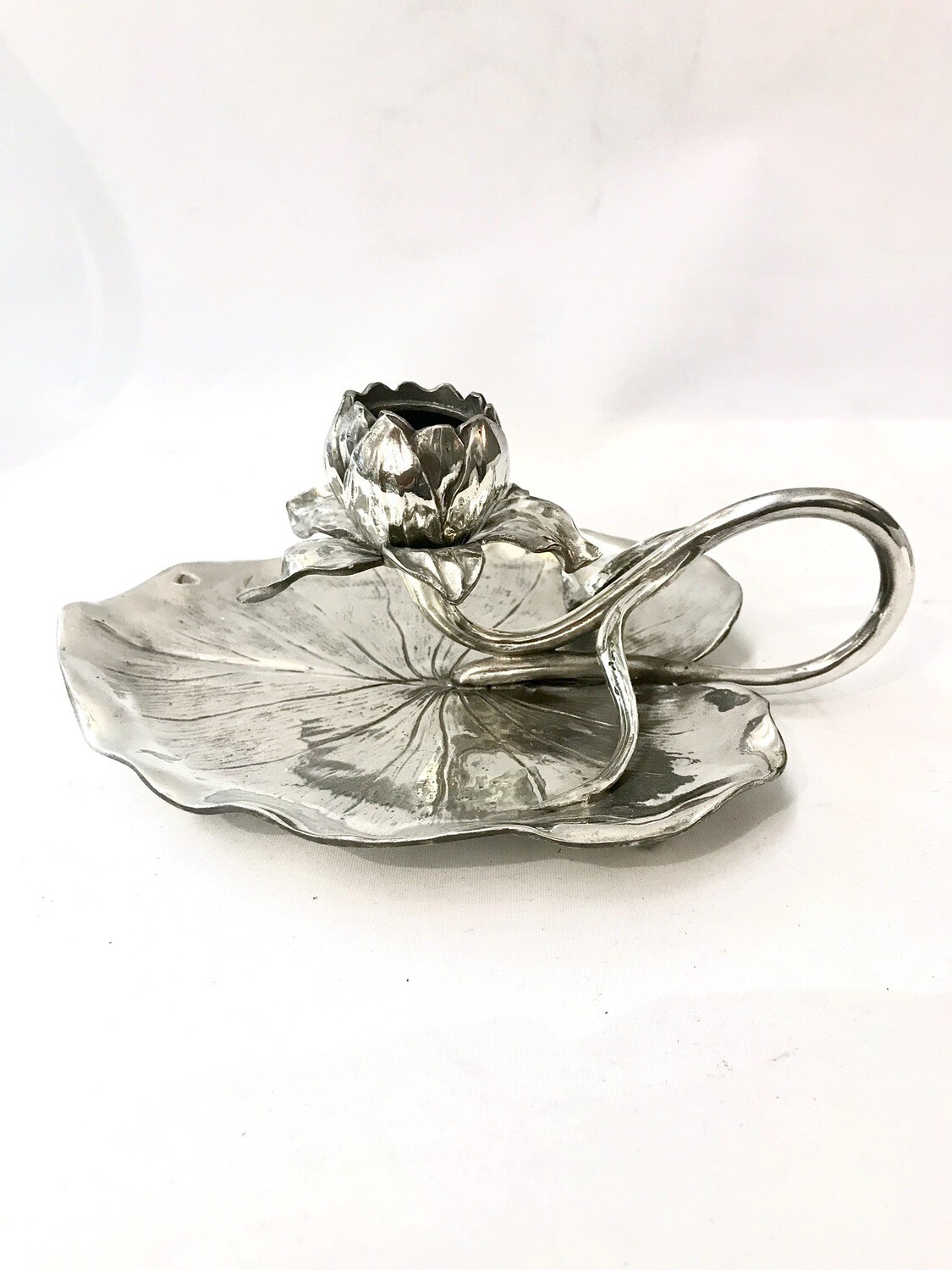 Jugendstil Kerzenleuchter Handleuchter Seerose versilbert um 1900, art nouveau silver plated candlestick flower water lily