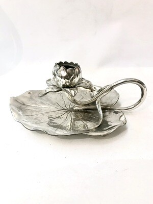Jugendstil Kerzenleuchter Handleuchter Seerose versilbert um 1900, art nouveau silver plated candlestick flower water lily