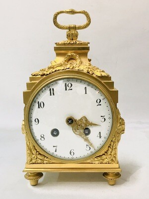 Antique fire-gilded heavy chased bronze case officer&#39;s travel clock Carriage clock 19th century with bell, handle with snake, fine quality comparable to Ravené Berlin court watchmaker