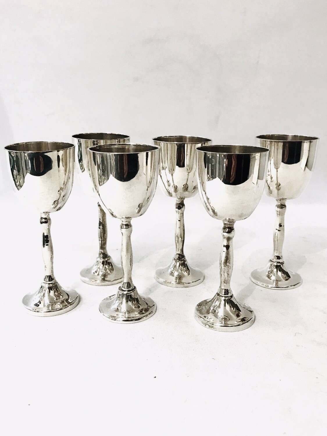 Liquor cups beakers , set of 6, 925 sterling silver with stem, liqueur cup, vodka cup, simple shape, 294 g