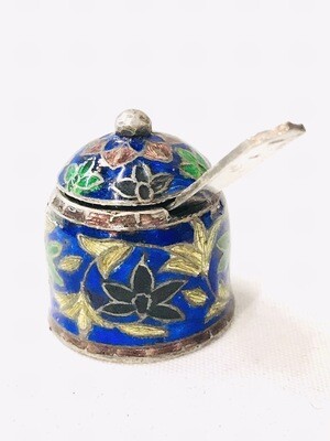 Silber Cloisonné Email Miniatur Topf mit Deckel und Löffel chinesisch