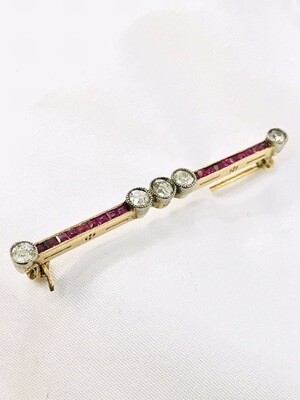 Art Deco Brosche eckige Rubine Diamanten 585 Gold, 14 ct gold brooch with full cut diamonds and square cut rubies